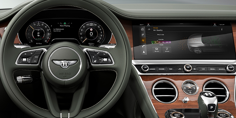 Bentley Perth New Bentley Continental GTC convertible front interior steering wheel view, with Beluga black leather and Crown Cut walnut veneer